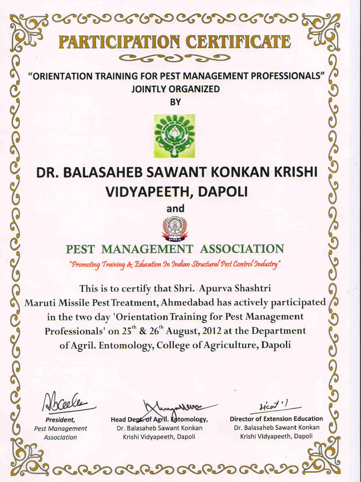 Certificate, Pest Control Company in Ahmedabad